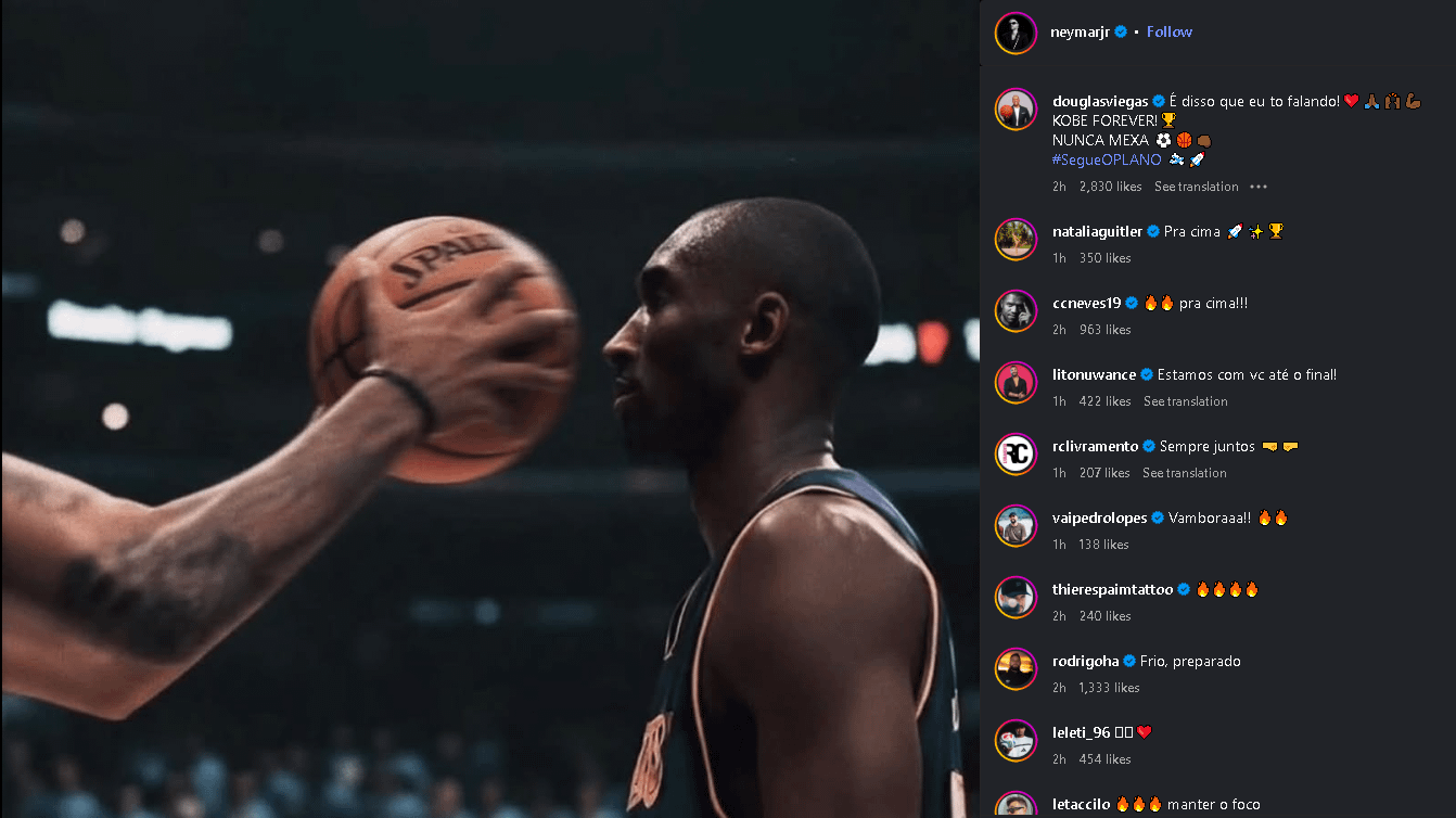 Neymar Jr on Instagram posting Kobe Bryants legendary picture and one of the coldest pictures in history, "Unfazed" Mamba lives forever.