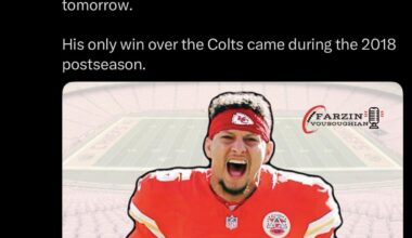 [Farzin Vousoughian] In the regular season, Patrick Mahomes has defeated 30 of 31 other NFL teams. He can compete that with a win over the Colts tomorrow. His only win over the Colts came during the 2018 postseason.
