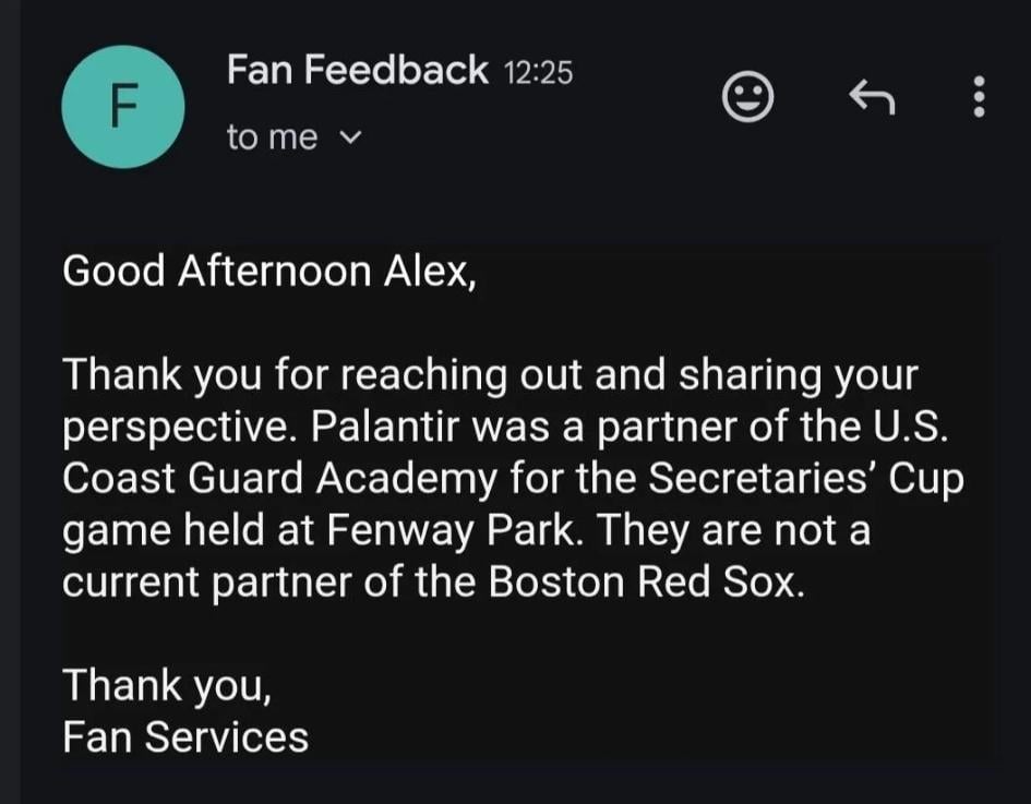 Red Sox fan feedback response to the palantir sign on the Green Monster