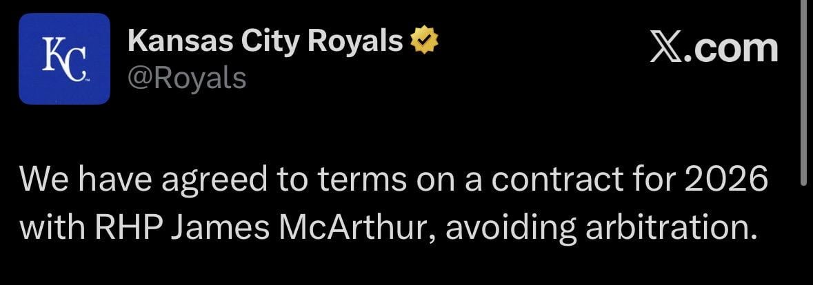[Royals] “We have agreed to terms on a contract for 2026 with RHP James McArthur, avoiding arbitration”