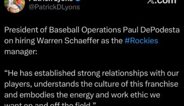 [Lyons] President of Baseball Operations Paul DePodesta on hiring Warren Schaeffer as the #Rockies manager: “He has established strong relationships with our players, understands the culture of this franchise and embodies the energy and work ethic we want on and off the field.”