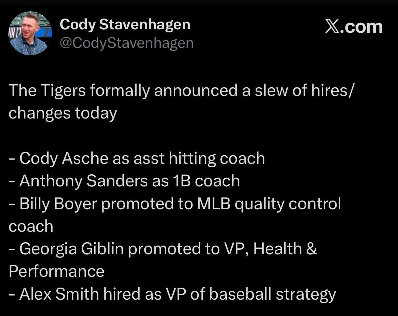 The Tigers formally announced a slew of hires/changes today