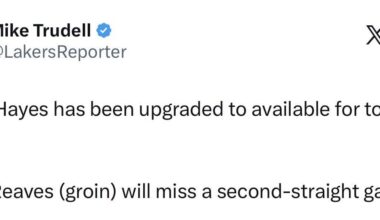 Austin Reaves has been downgraded to OUT, Jaxson Hayes upgraded to AVAILABLE