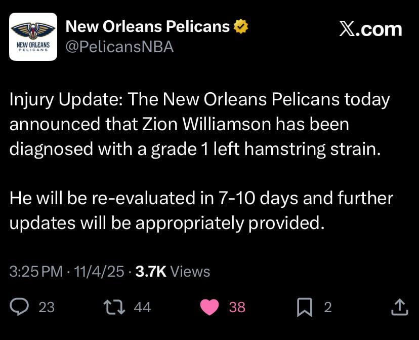 Zion with a hamstring strain