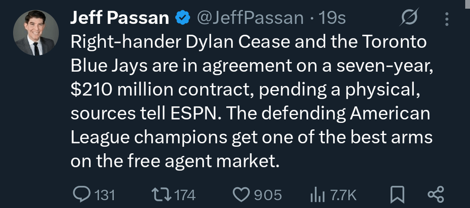 [Passan] Right-hander Dylan Cease and the Toronto Blue Jays are in agreement on a seven-year, $210 million contract, pending a physical, sources tell ESPN. The defending American League champions get one of the best arms on the free agent market.