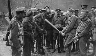 American soldiers explaining to British soldiers what the American game of baseball is like during World War I on May 18, 1918.