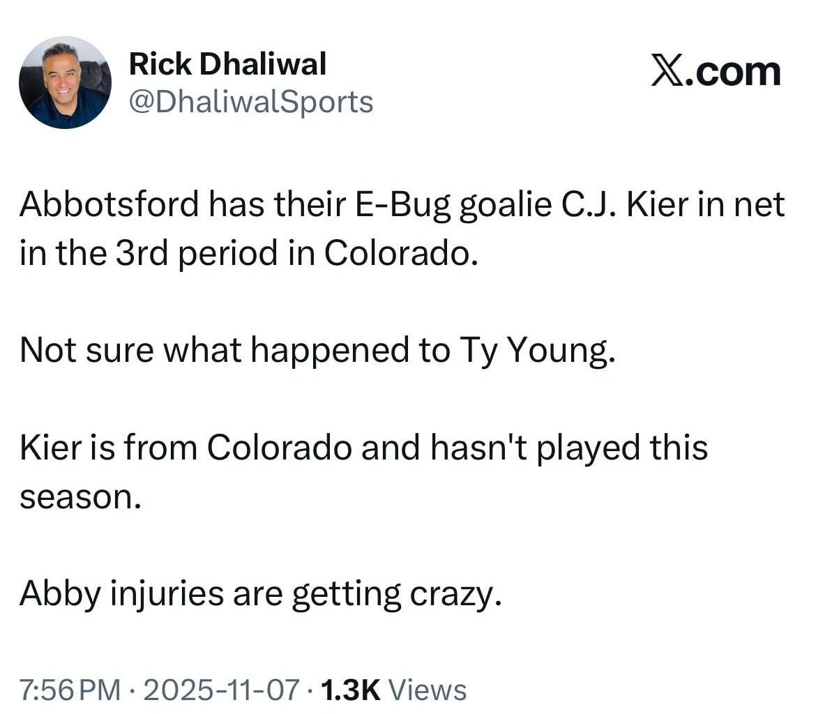 The injuries continue: Emergency backup goalie C.J. Kier now in net for the Abby Canucks (Dhaliwal).