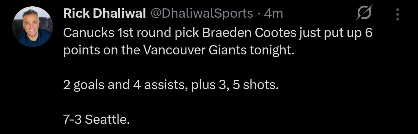 Braeden Cootes puts up a 6 point night against the Giants @DhaliwalSports [X/Twitter]