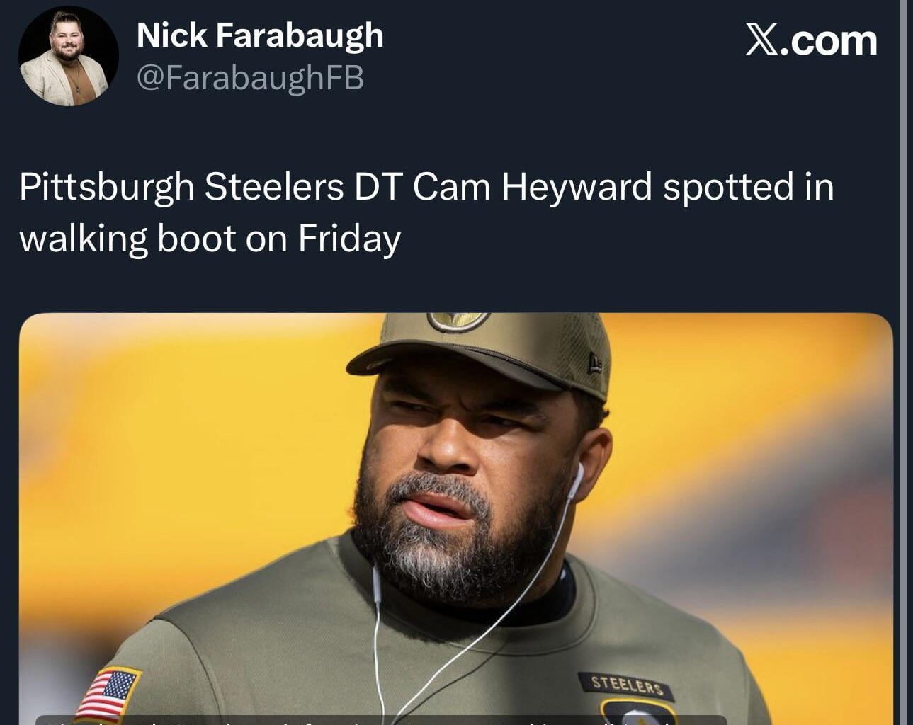 Cam Heyward in a walking boot Friday