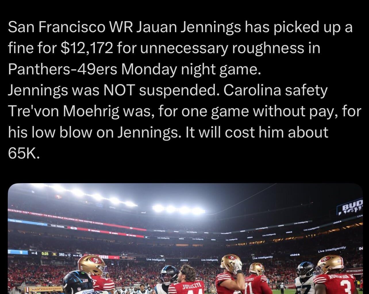 [Fowler] Jauan Jennings also fined for actions with Moehrig