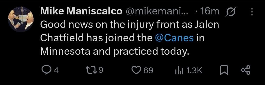 Per Mike Maniscalco, Chatfield has rejoined team