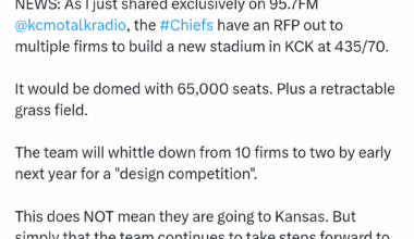 [Pete Mundo] the Chiefs have an RFP out to multiple firms to build a new stadium in KCK at 435/70 that would be domed with 65,000 seats and have a retractable grass field. The team will whittle down from 10 firms to two by early next year. This does NOT guarantee they are going to Kansas.