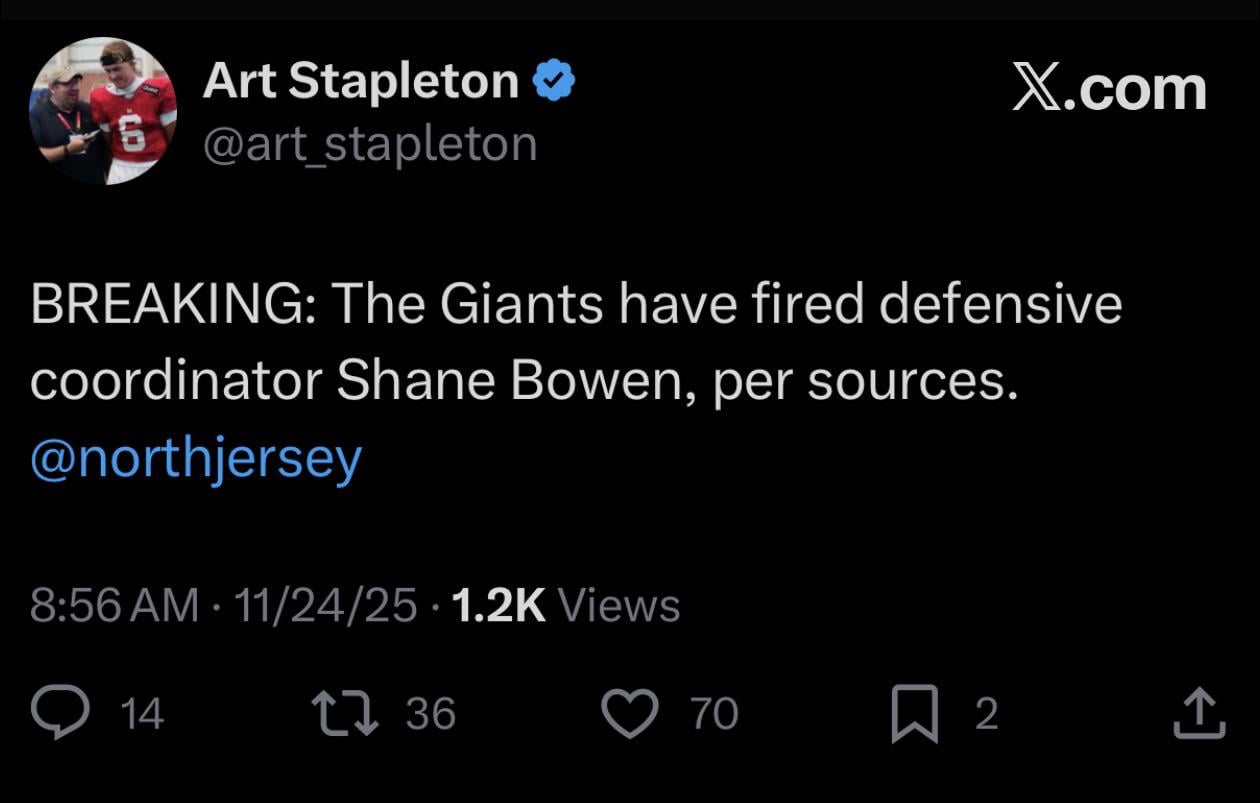 NY Giants fire Shane Bowen
