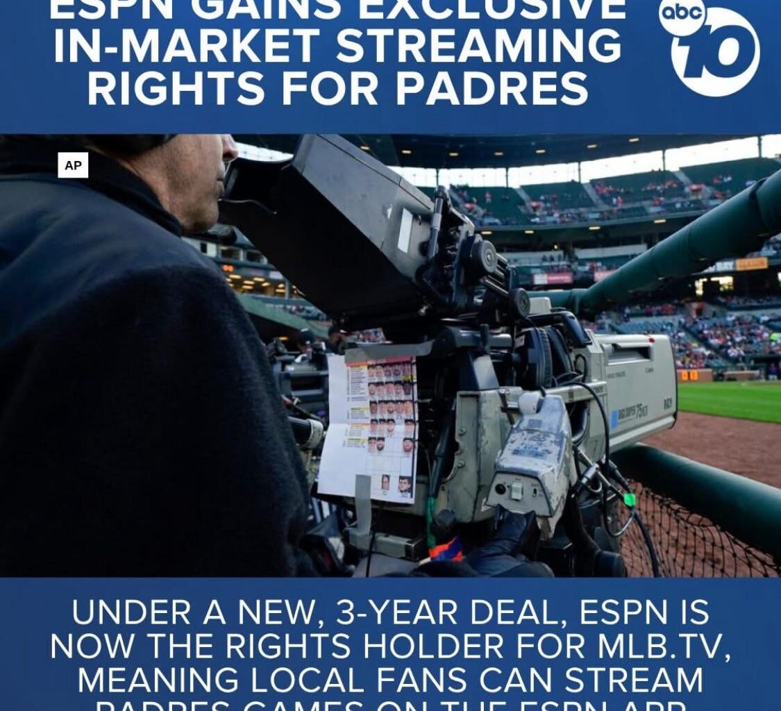 ESPN acquires padres in market streaming rights with 3 year tv deal