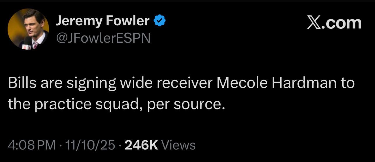 [Fowler] Bills are signing wide receiver Mecole Hardman to the practice squad, per source.