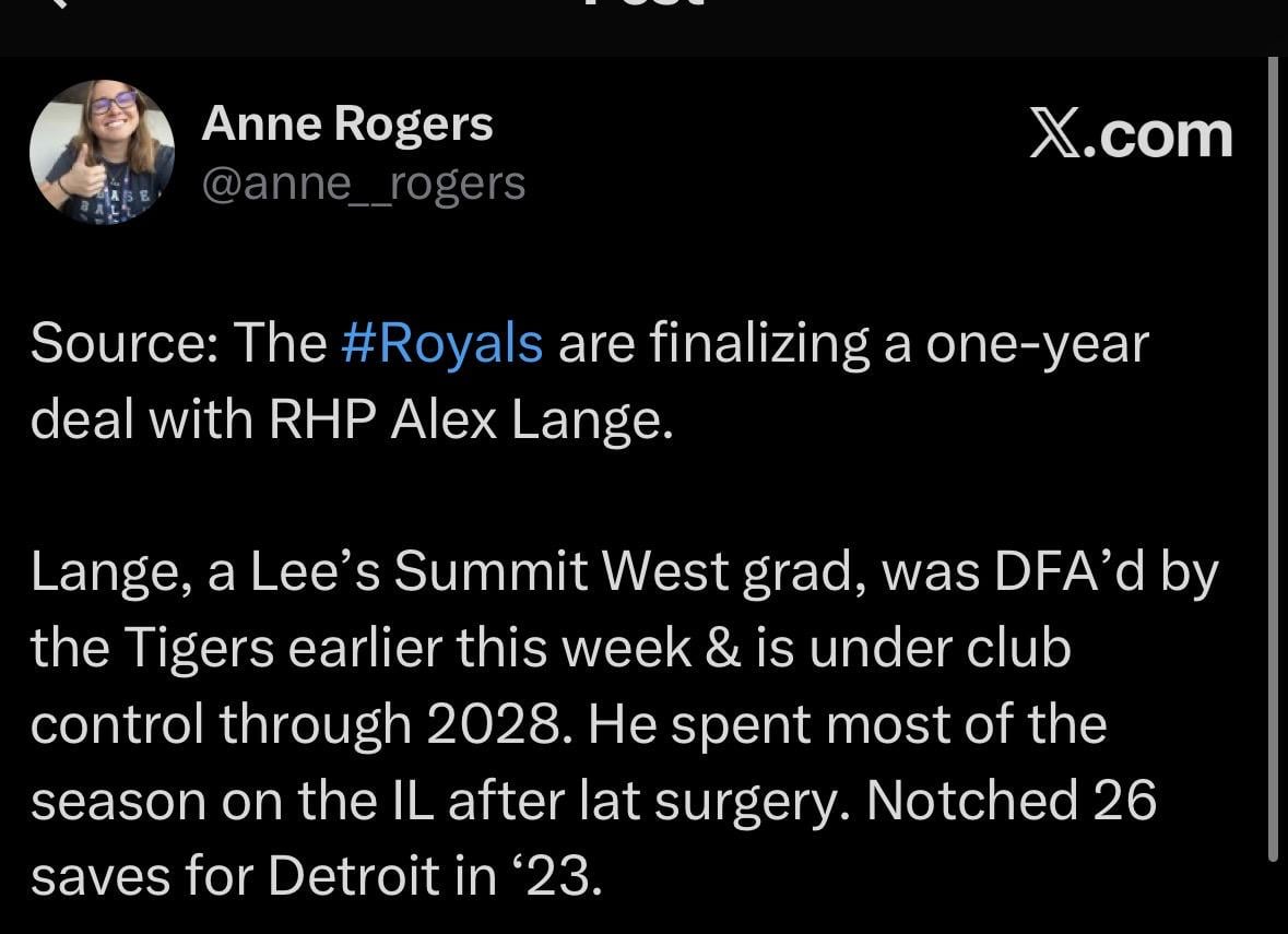 [Anne Rogers] “ Source: The #Royals are finalizing a one-year deal with RHP Alex Lange.”
