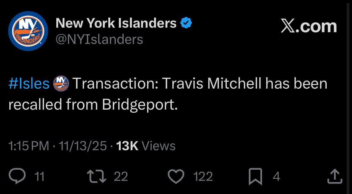 [Islanders] Isles Transaction: Travis Mitchell has been recalled from Bridgeport.