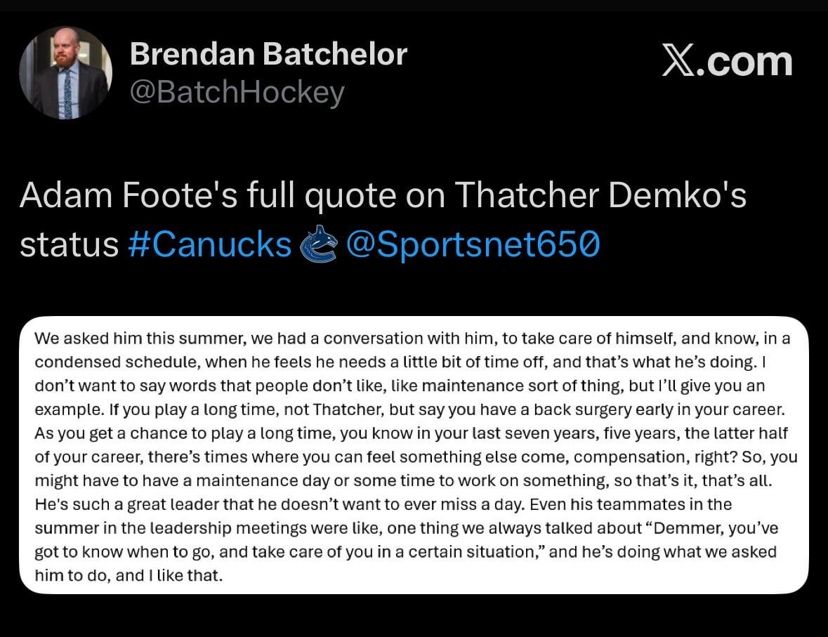 Footey’s full quote on Demmer @BatchHockey (Twitter/X]