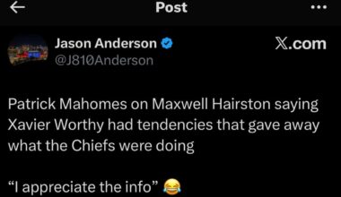 [Anderson] Patrick Mahomes on Maxwell Hairston saying Xavier Worthy had tendencies that gave away what the Chiefs were doing: “I appreciate the info”
