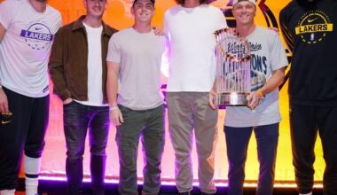 World Series champs Blake Snell, Tyler Glasnow, Will Smith, Alex Call, and Evan Philips visits and brings their WS trophy to the LA Lakers.