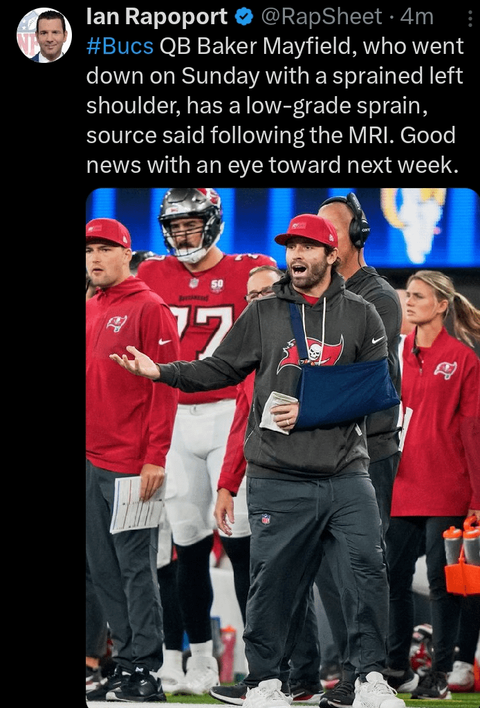 #Bucs QB Baker Mayfield, who went down on Sunday with a sprained left shoulder, has a low-grade sprain, source said following the MRI. Good news with an eye toward next week.