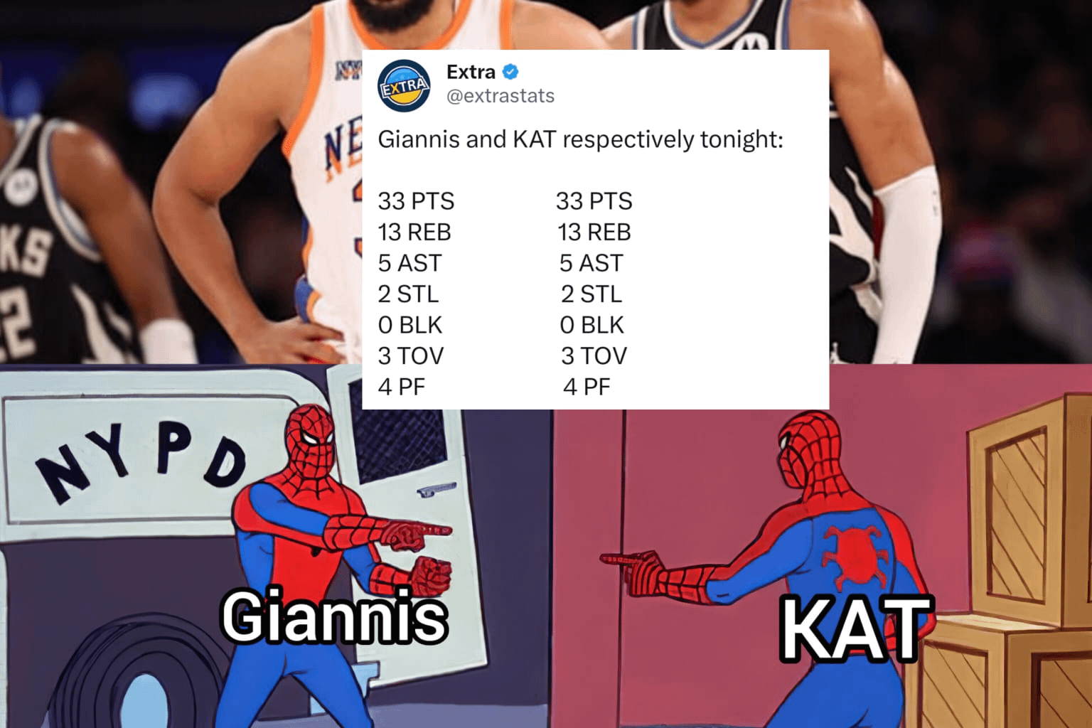 Both Giannis and KAT put up the exact same stats wow