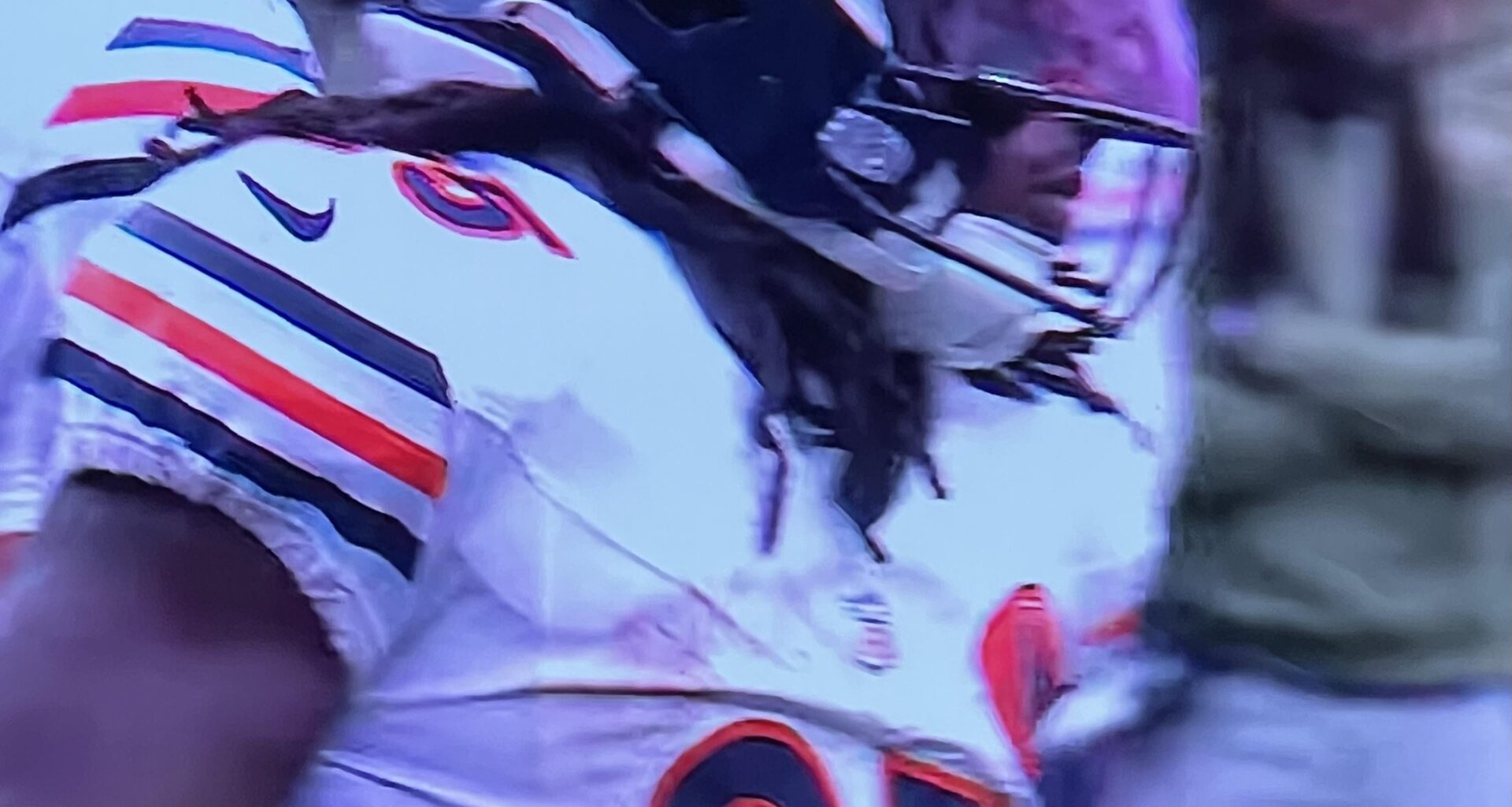 Helmet all effed up. Bro is runnin lol