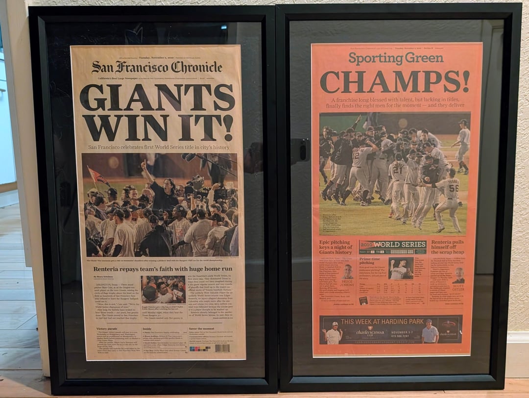 My dad kept this newspaper from the 2010 World Series so I framed some of it