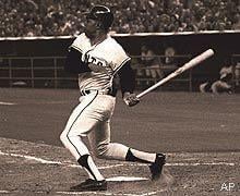 Willlie Mays watches his single in the first inning of the All-Star game. Mays scored the the only run in the National League's 1-0 victory, July 9, 1968. An appropriate score in the "Year of the Pitcher".