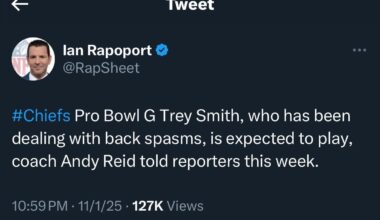 [Rapoport] Chiefs Pro Bowl G Trey Smith, who has been dealing with back spasms, is expected to play, coach Andy Reid told reporters this week.