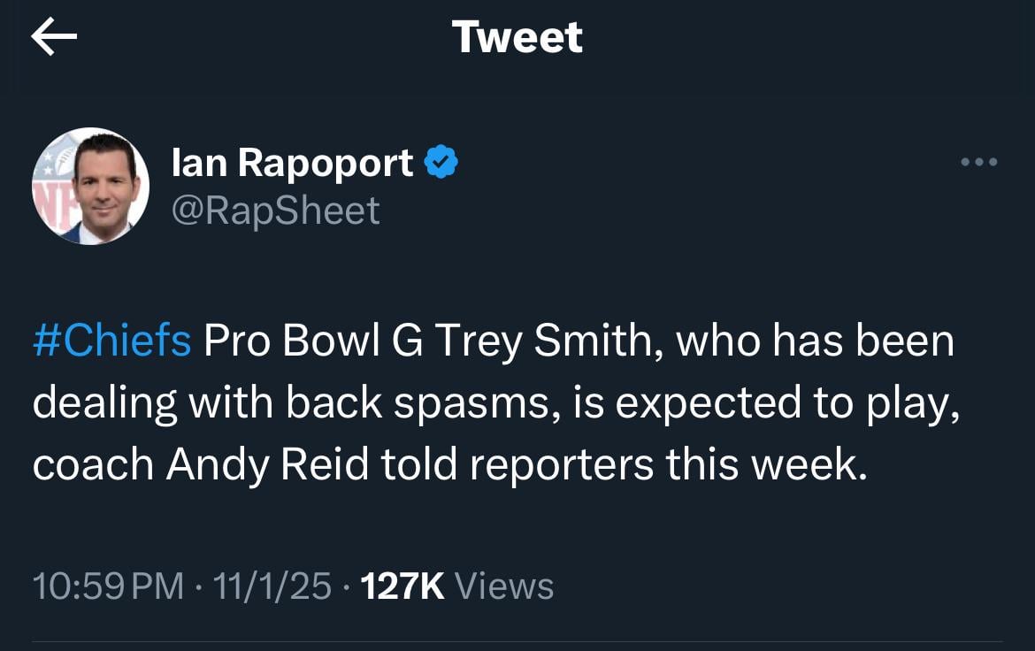 [Rapoport] Chiefs Pro Bowl G Trey Smith, who has been dealing with back spasms, is expected to play, coach Andy Reid told reporters this week.