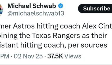 [Schwab] Former Astros hitting coach Alex Cintron is joining the Texas Rangers as their assistant hitting coach, per sources