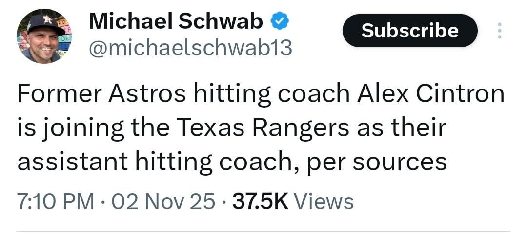 [Schwab] Former Astros hitting coach Alex Cintron is joining the Texas Rangers as their assistant hitting coach, per sources