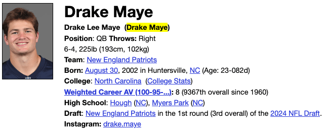 "Drake Maye" officially added as Drake Maye's nickname on Pro Football Reference