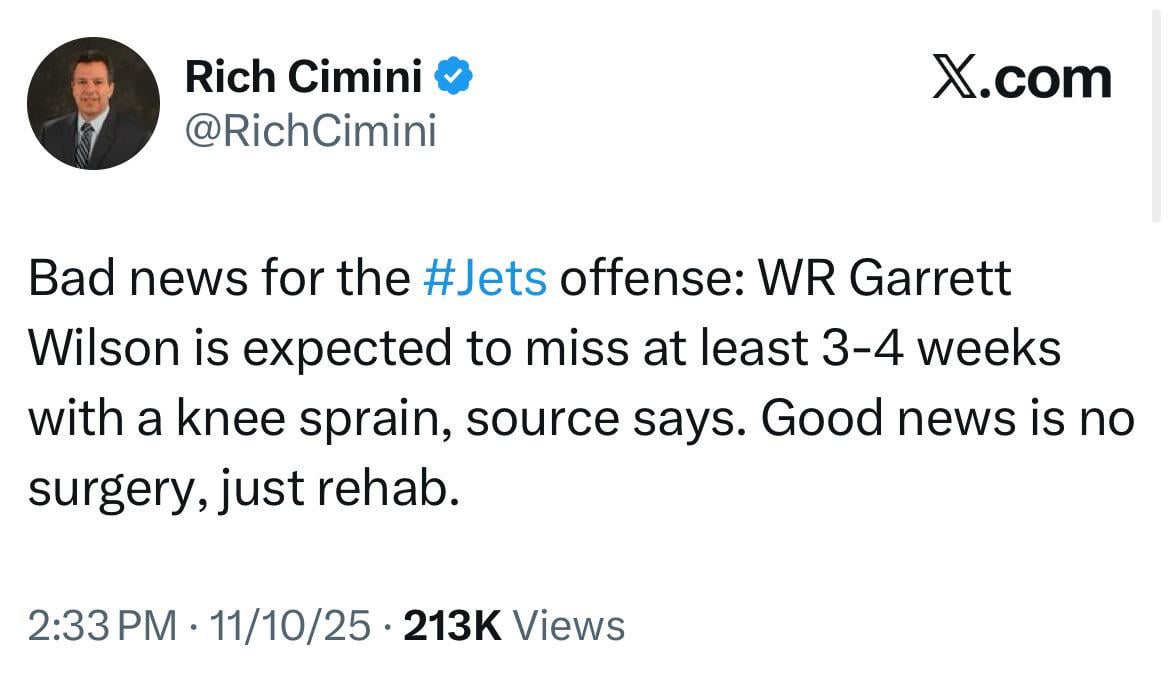 Garrett Wilson Expected to miss 3-4 weeks from Knee Sprain