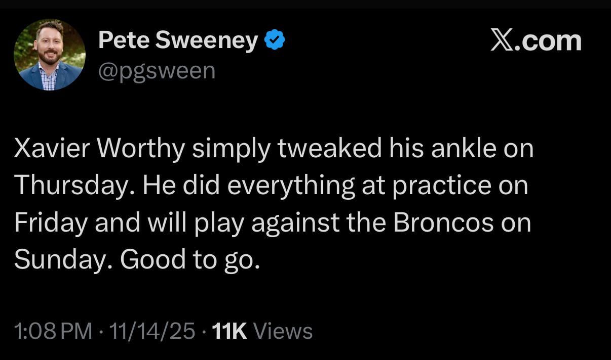 [Sweeney] Xavier Worthy simply tweaked his ankle on Thursday. He did everything at practice on Friday and will play against the Broncos on Sunday. Good to go.