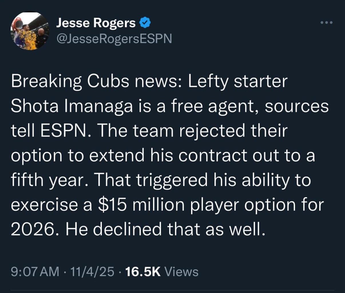 [Jesse Rogers] Breaking Cubs news: Lefty starter Shota Imanaga is a free agent, sources tell ESPN. The team rejected their option to extend his contract out to a fifth year. That triggered his ability to exercise a $15 million player option for 2026. He declined that as well.