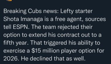 [Jesse Rogers] Breaking Cubs news: Lefty starter Shota Imanaga is a free agent, sources tell ESPN. The team rejected their option to extend his contract out to a fifth year. That triggered his ability to exercise a $15 million player option for 2026. He declined that as well.