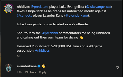 Kane shares his thoughts on the Evangelista dive on Instagram