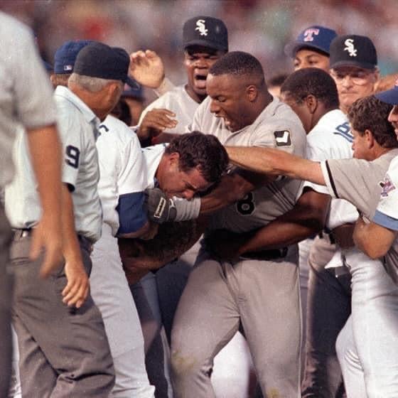 Frank Thomas looks mortified after seeing Bo Jackson bitten by Geno Petralli during the Ryan/Ventura fight.