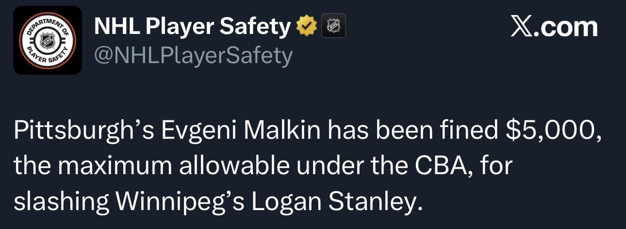 Malkin fined for slashing Logan Stanley