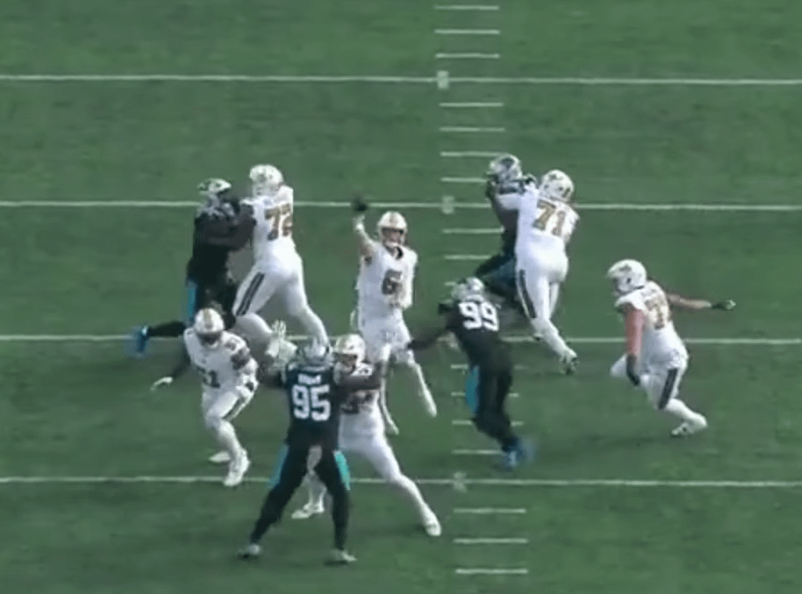 Tyler Shough actually threw a no look pass on a clutch yard cross route pass to Olave on a third and seven.