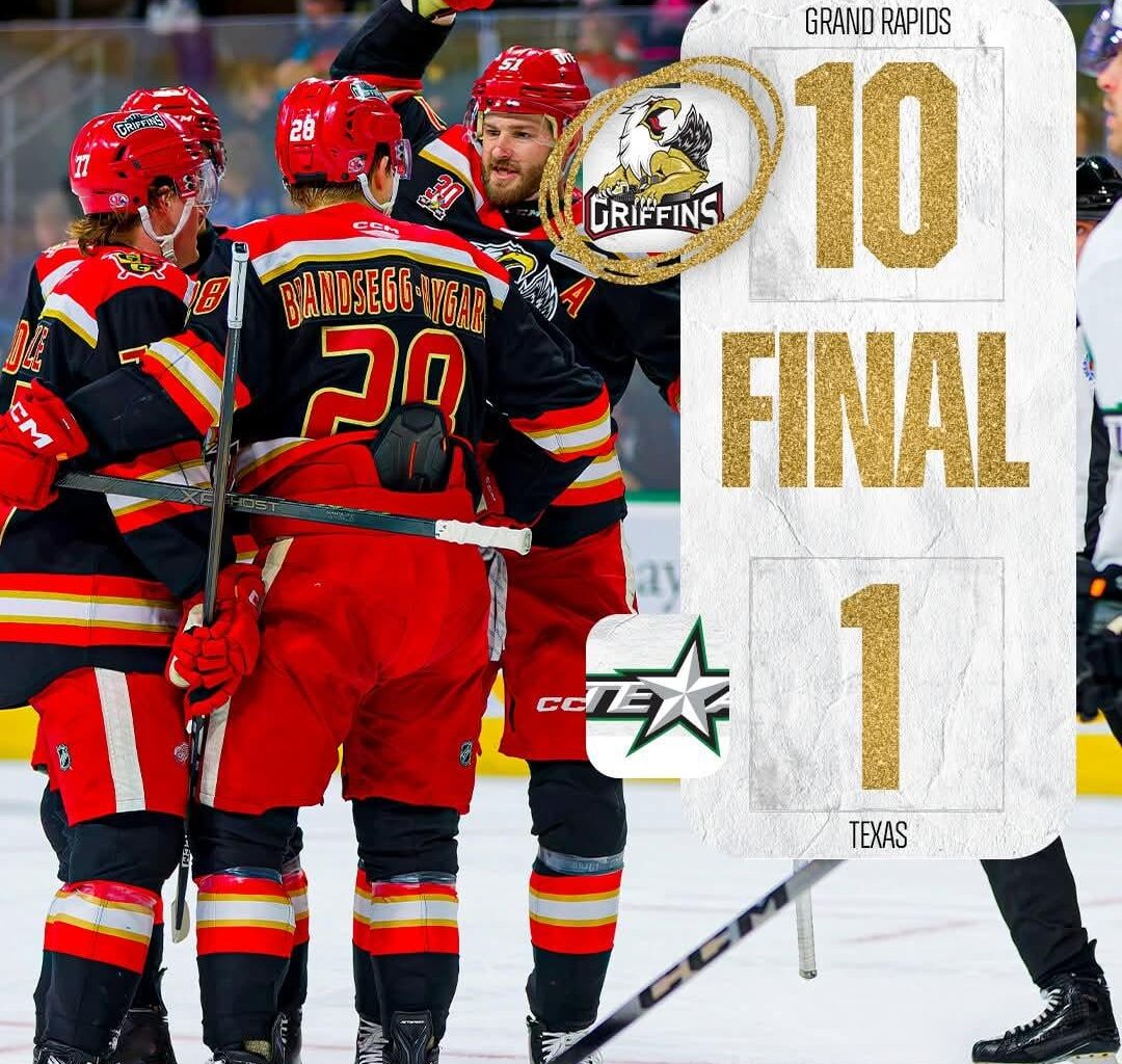 Grand rapids score a shocking 10-1 against the texas stars with dominik shine and eduards tralmaks both getting hatricks