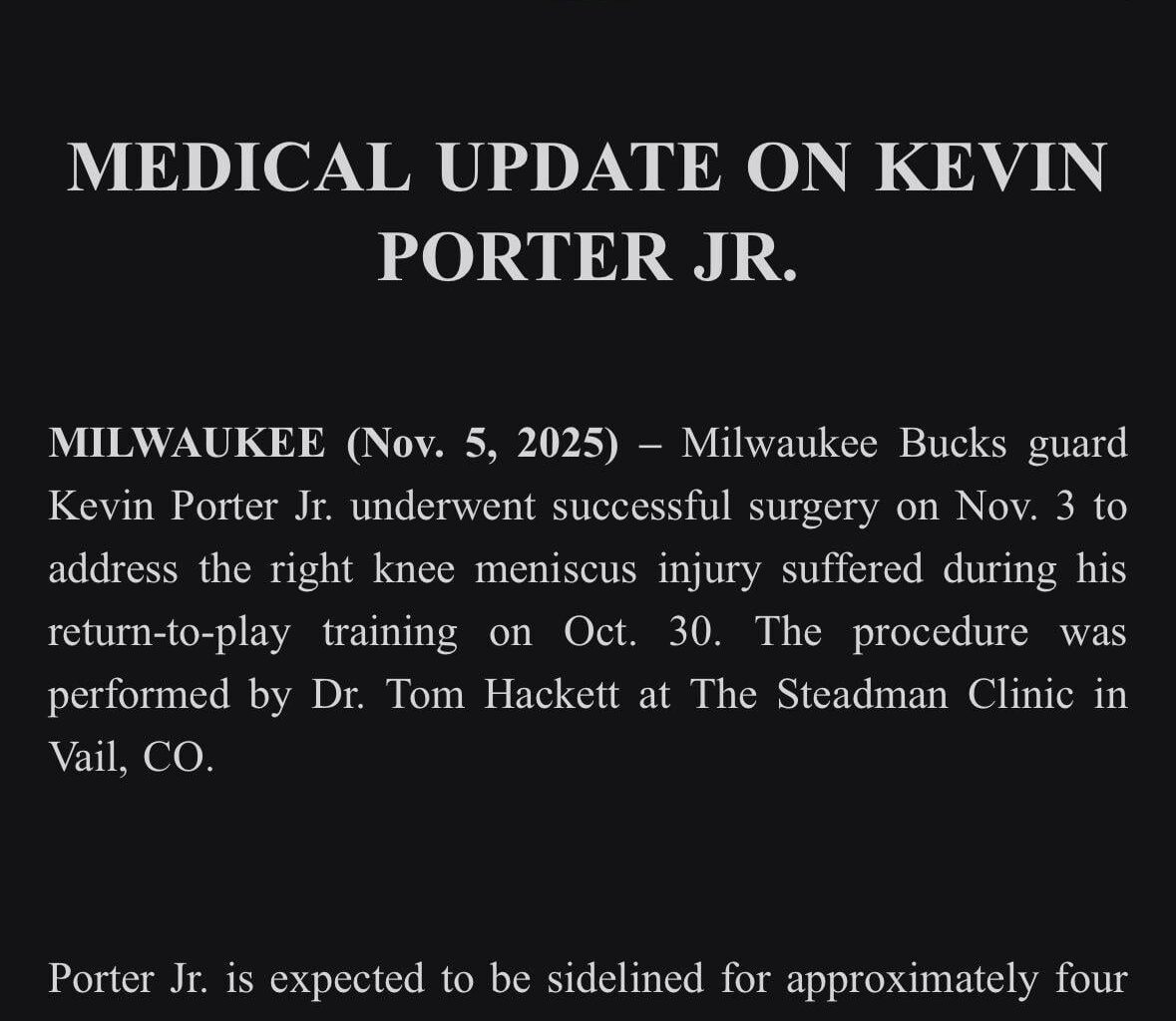 Medical Update on Kevin Porter Jr.