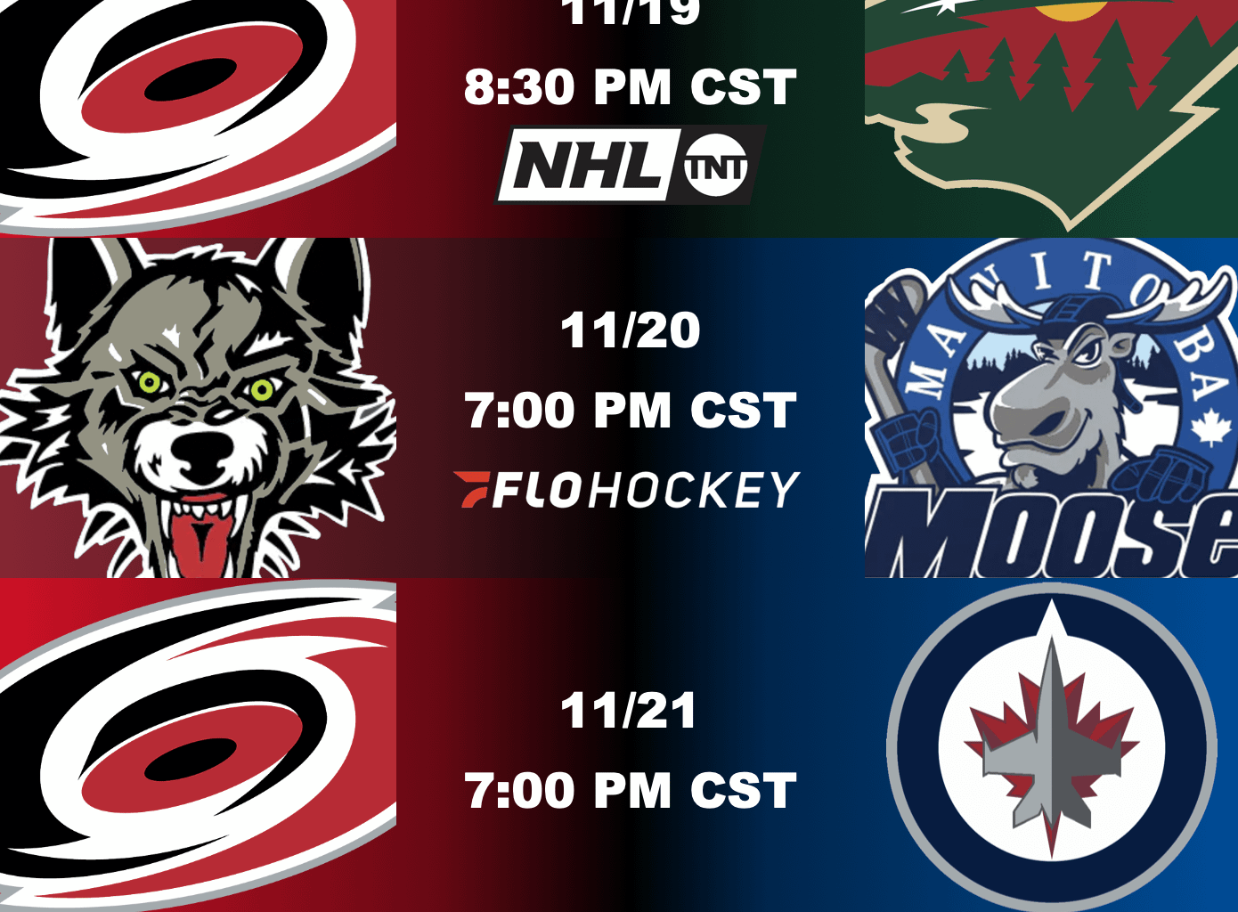 After tomorrow nights game in Minnesota, both the Hurricanes and Wolves will be in Winnipeg to play the Winnipeg Jets and the Manitoba Moose