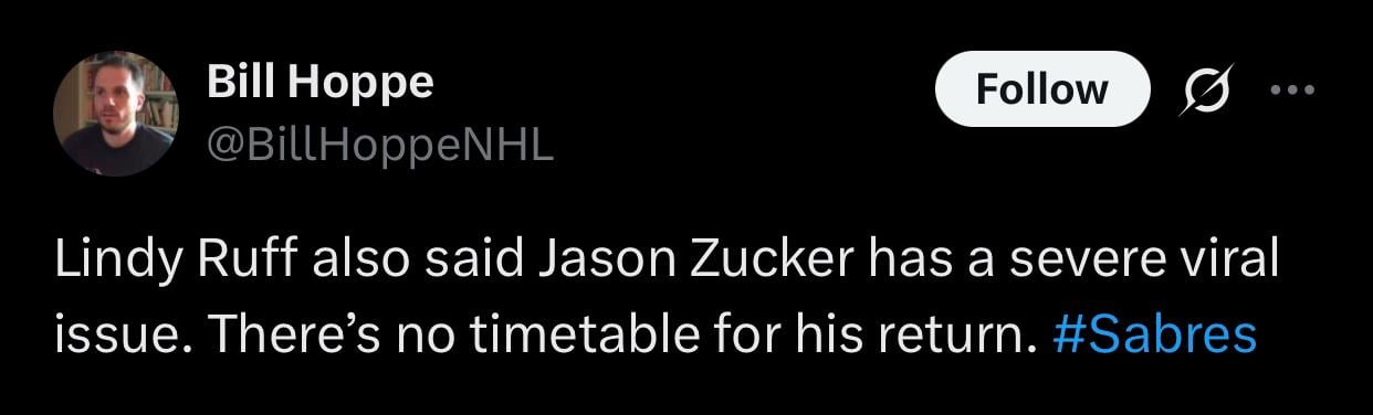 [Bill Hoppe] Lindy Ruff also said Jason Zucker has a severe viral issue. There’s no timetable for his return.