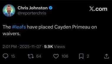 [Johnston] The Leafs have placed Cayden Primeau on waivers.