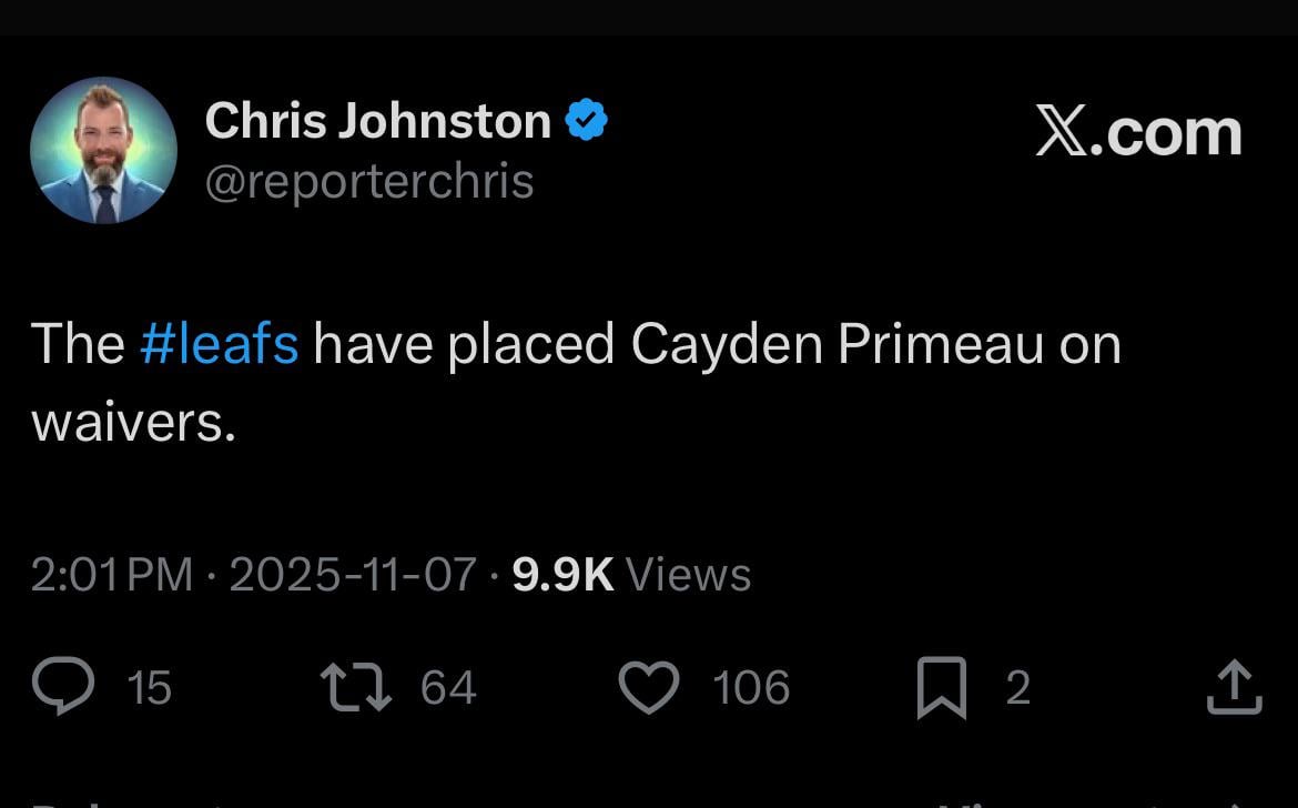 [Johnston] The Leafs have placed Cayden Primeau on waivers.