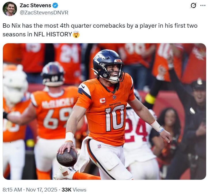 [Stevens] Bo Nix has the most 4th quarter comebacks by a player in his first two seasons in NFL HISTORY