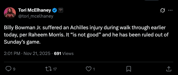 Billy Bowman Jr. suffered an Achilles injury during walk through earlier today